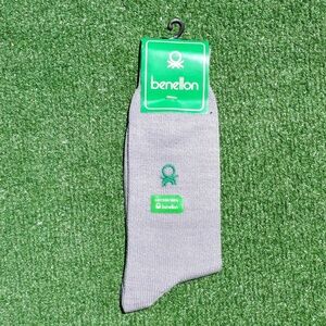 Vintage Benetton Grey Crew Retro Logo 100% Cotton Adult 1-Pair Socks NOS